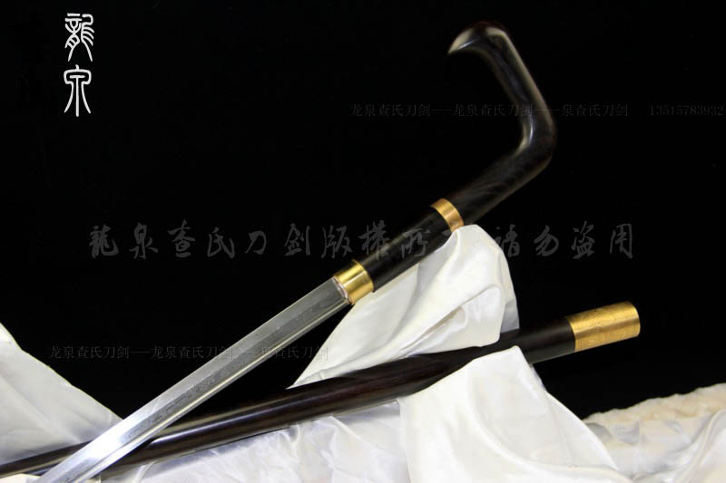 檀木高端手杖剑-拐杖剑-花纹钢唐刀形